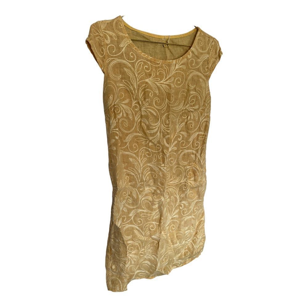 Lina Tomei | Yellow Embroidered Italy LinenShift Dress With Pockets | M NWT